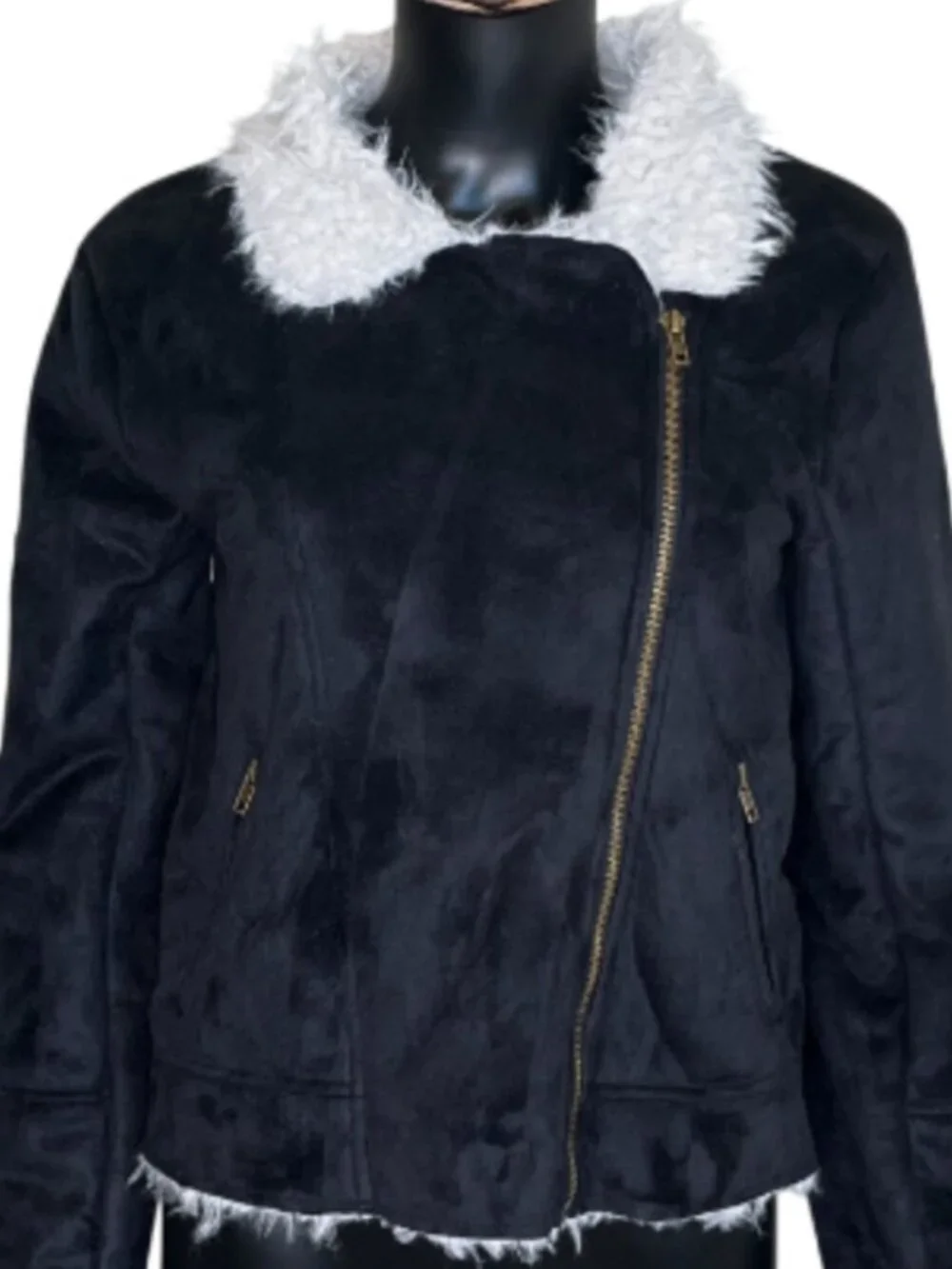 CAGE Black Faux Suede Sherpa Moto Jacket Medium Asymmetrical Zip Biker Coat